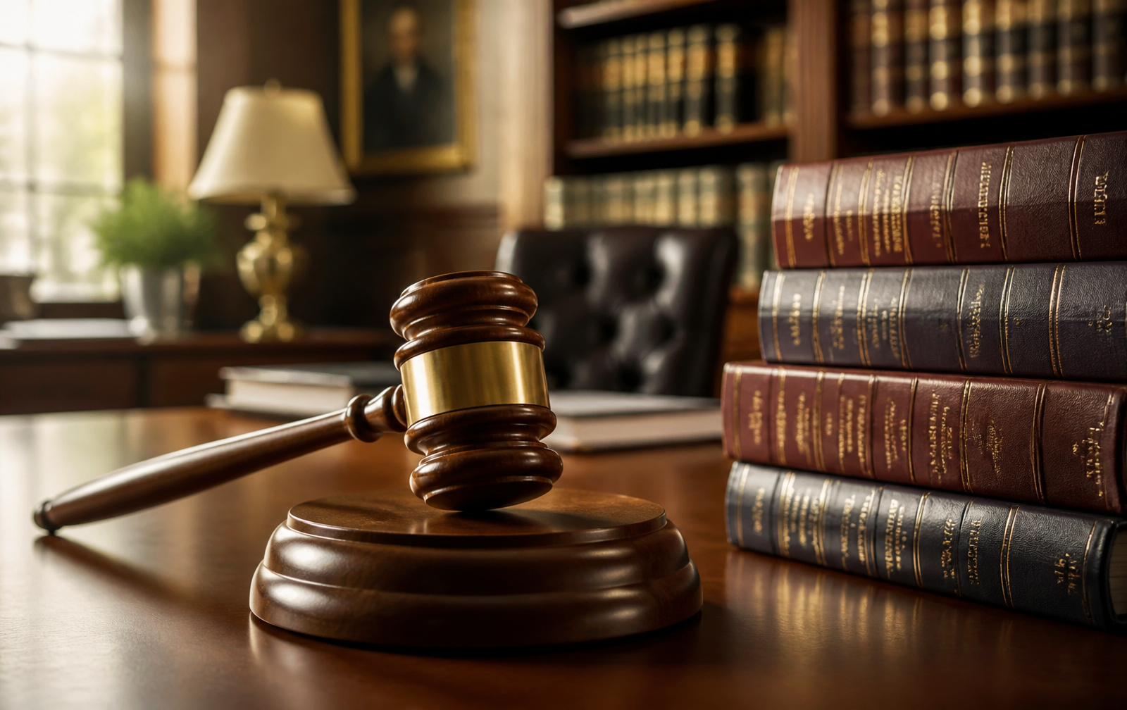 Judge's gavel and law books on a desk